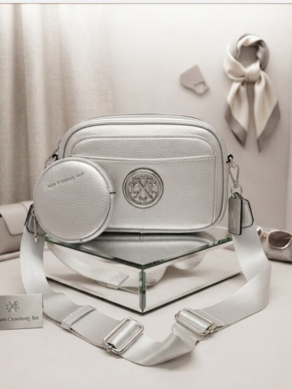 New Christian Lacroix Silver Pewter Faux Leather Crossbody Camera Bag With Pouch